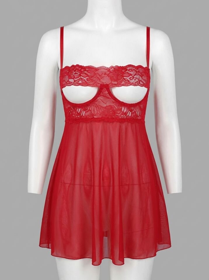Kırmızı Dantel İşlemeli Göğüs Dekolteli Fantezi String Tül Gecelik Takımı