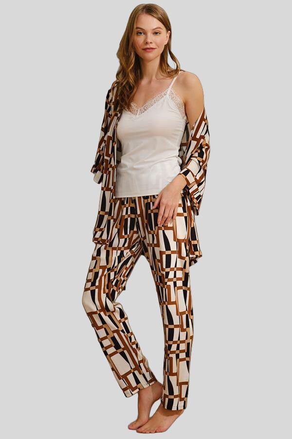 Kadın Dokuma Viskon Geometrik Baskılı Sabahlık Mikro Kumaş Dantelli Atlet ve Yandan Cepli Pantolon 3'lü Takım