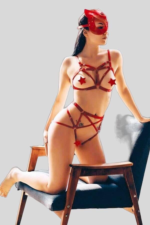 Arias Closet Kedi Maskeli Kırmızı Fantezi Harness Takım