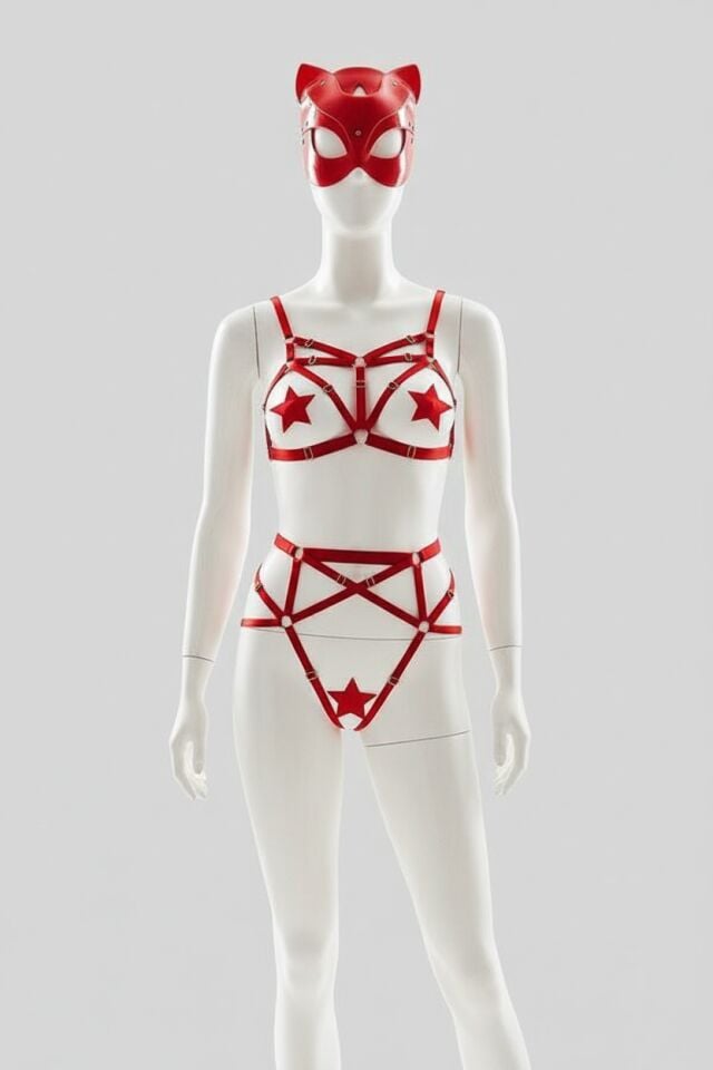 Arias Closet Kedi Maskeli Kırmızı Fantezi Harness Takım