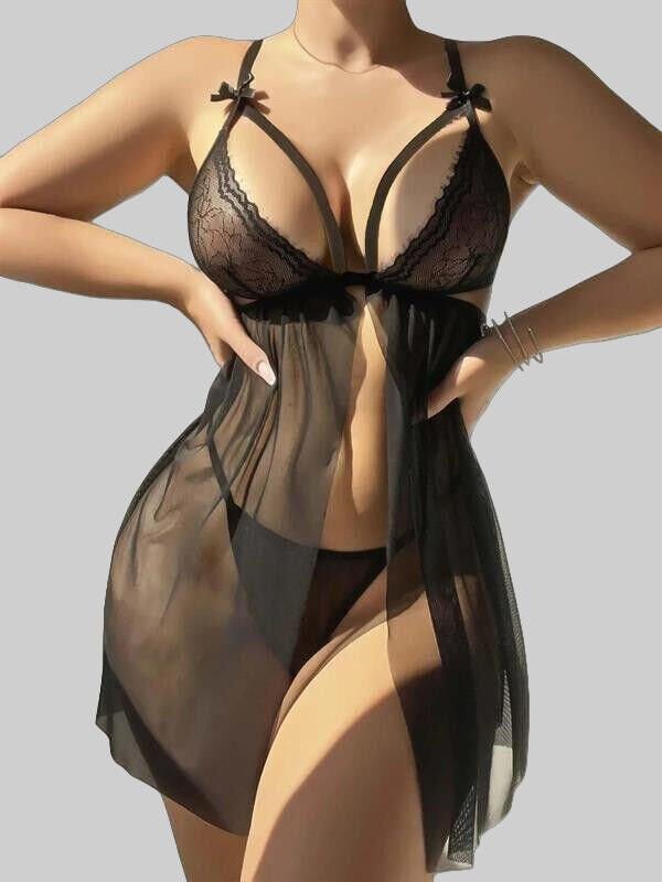 Siyah Dantel İşlemeli Göğüs İp Detaylı Dekolteli Fantezi Tül Gecelik String Takımı
