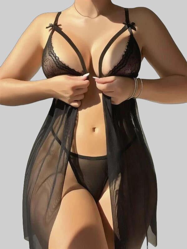 Arias Closet Siyah Dantel İşlemeli Göğüs İp Detaylı Dekolteli Fantezi Tül Gecelik String Takımı