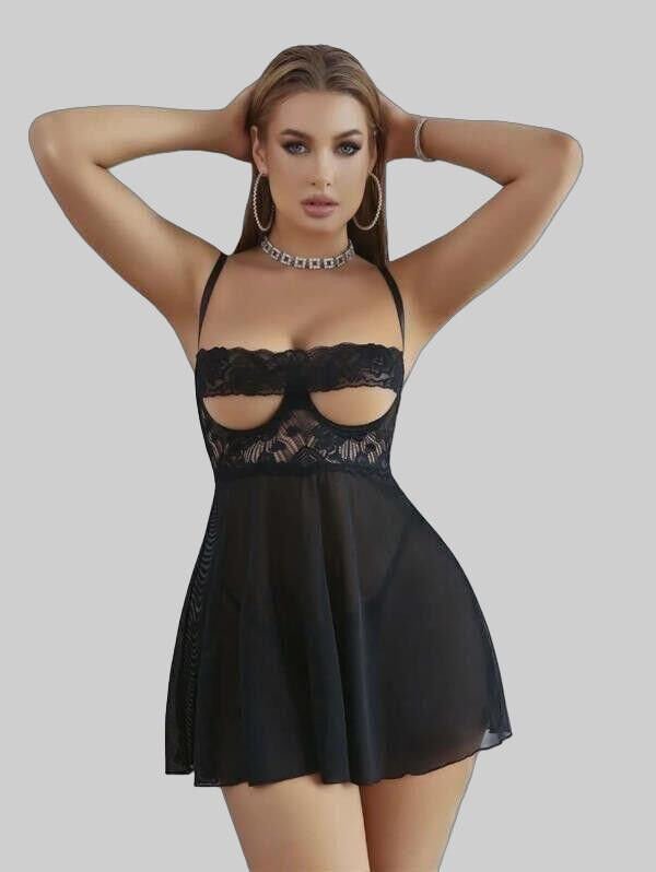 Arias Closet Siyah Dantel İşlemeli Göğüs Dekolteli Fantezi String Tül Gecelik Takımı