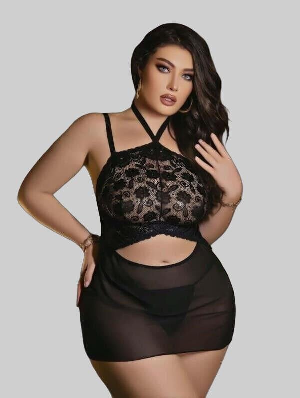 Arias Closet Siyah Dantel İşlemeli Göğüs Dekolteli Boyundan Bağlamalı Fantezi String Tül Gecelik Takımı