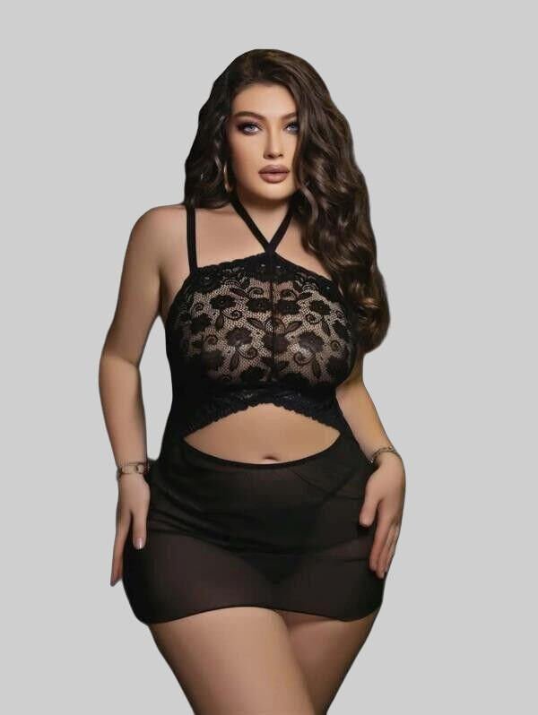 Arias Closet Siyah Dantel İşlemeli Göğüs Dekolteli Boyundan Bağlamalı Fantezi String Tül Gecelik Takımı