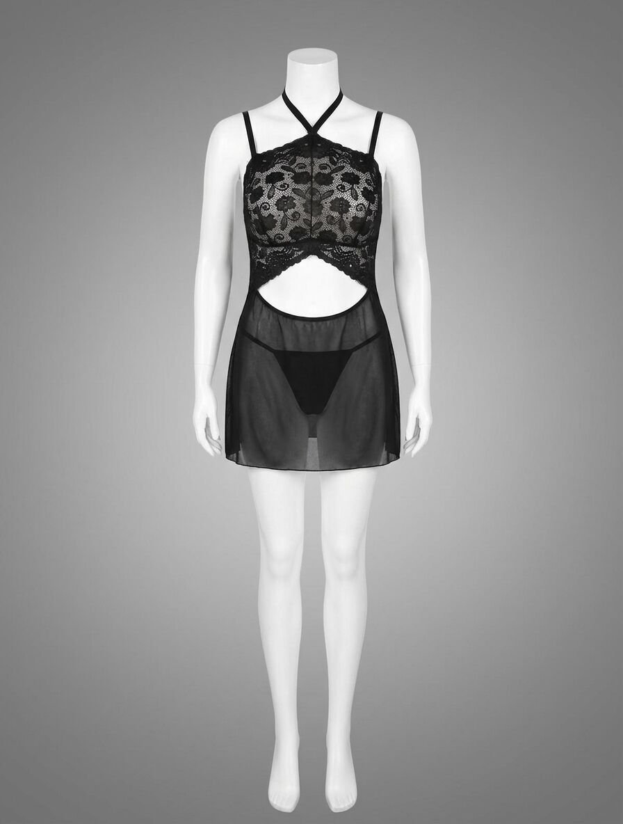 Siyah Dantel İşlemeli Göğüs Dekolteli Boyundan Bağlamalı Fantezi String Tül Gecelik Takımı