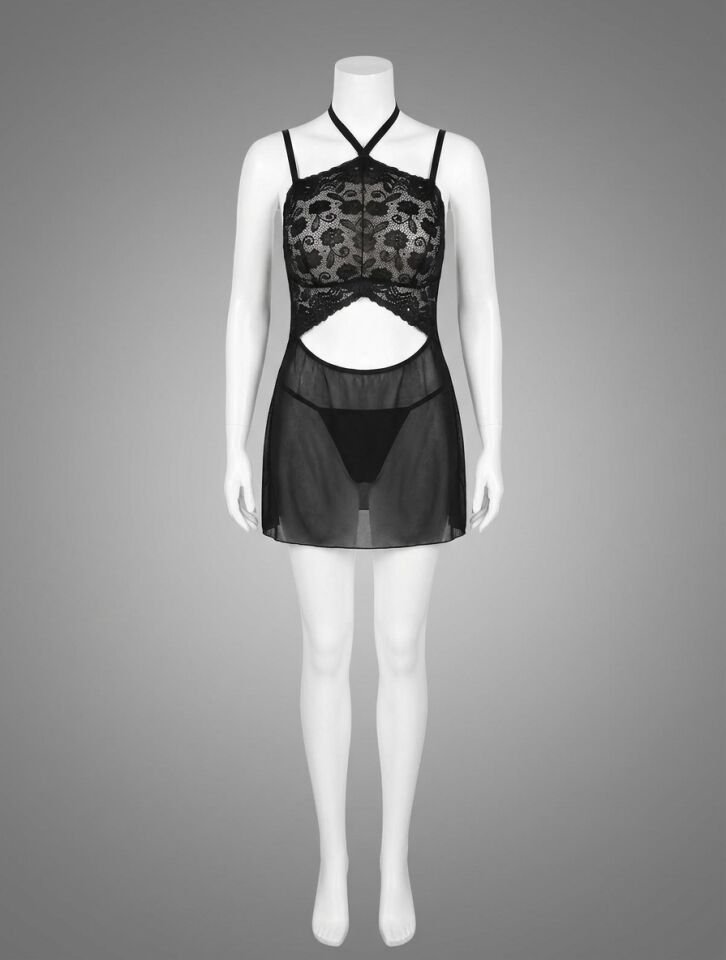 Siyah Dantel İşlemeli Göğüs Dekolteli Boyundan Bağlamalı Fantezi String Tül Gecelik Takımı