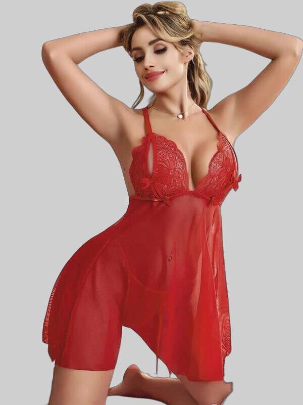Arias Closet Kırmızı Dantel İşlemeli Göğüs Dekolteli Fiyonklu Fantezi String Tül Gecelik Takımı