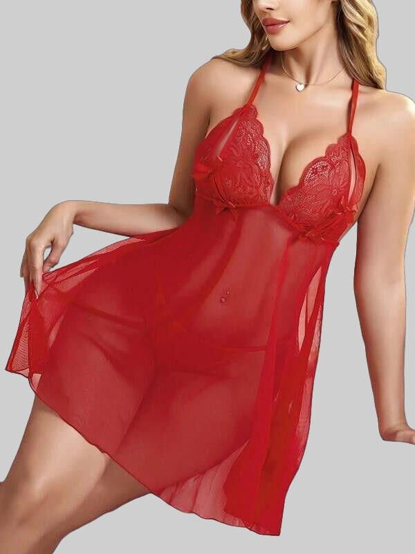 Kırmızı Dantel İşlemeli Göğüs Dekolteli Fiyonklu Fantezi String Tül Gecelik Takımı