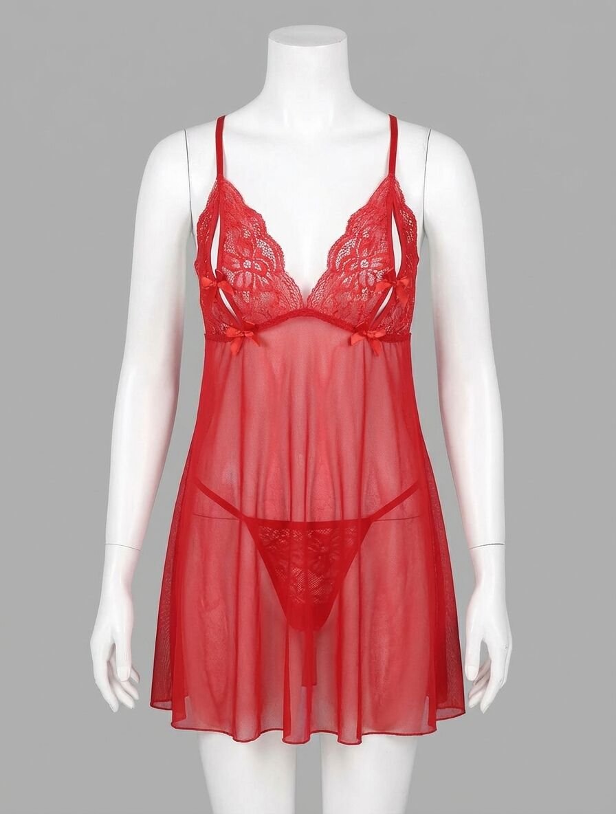 Kırmızı Dantel İşlemeli Göğüs Dekolteli Fiyonklu Fantezi String Tül Gecelik Takımı