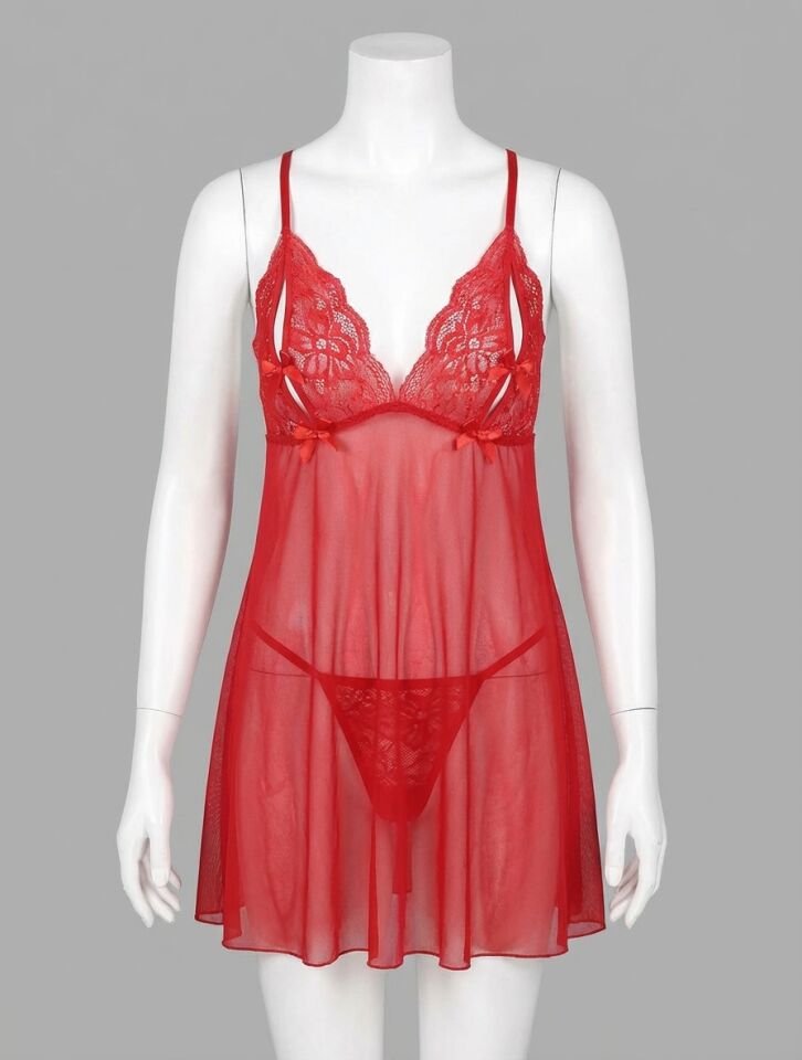 Kırmızı Dantel İşlemeli Göğüs Dekolteli Fiyonklu Fantezi String Tül Gecelik Takımı