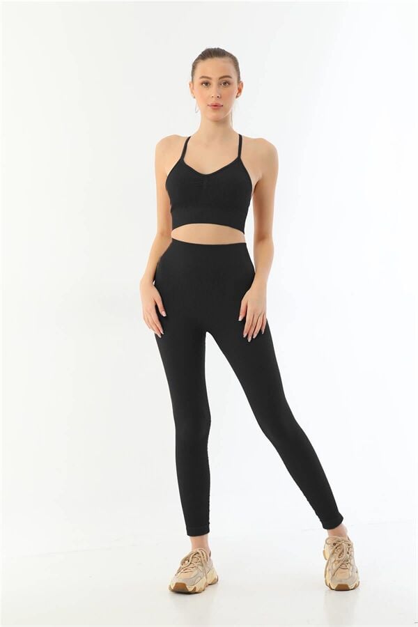 Arias Closet Siyah MI Emay 3921 Soft Seamless Ripli Tayt Yoga Takımı