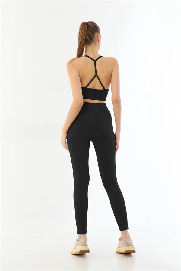Arias Closet Siyah MI Emay 3921 Soft Seamless Ripli Tayt Yoga Takımı