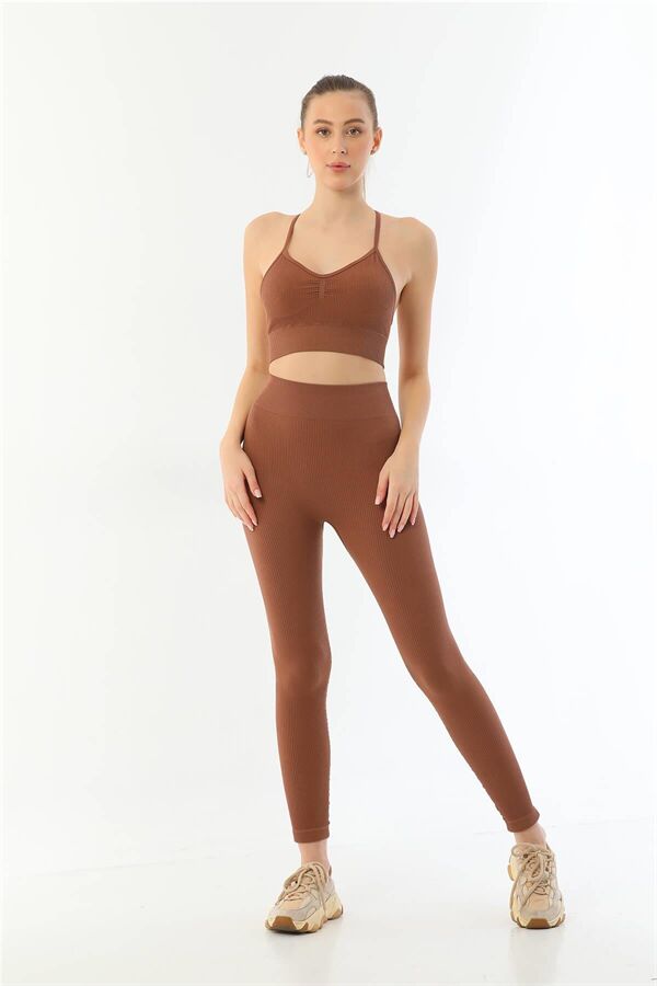 Arias Closet Kahve MI Emay 3921 Soft Seamless Ripli Tayt Yoga Takımı