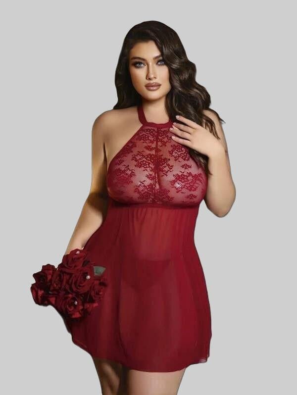 Arias Closet Bordo Dantel İşlemeli Göğüs Dekolteli Boyundan Bağlamalı Fantezi String Tül Gecelik Takımı