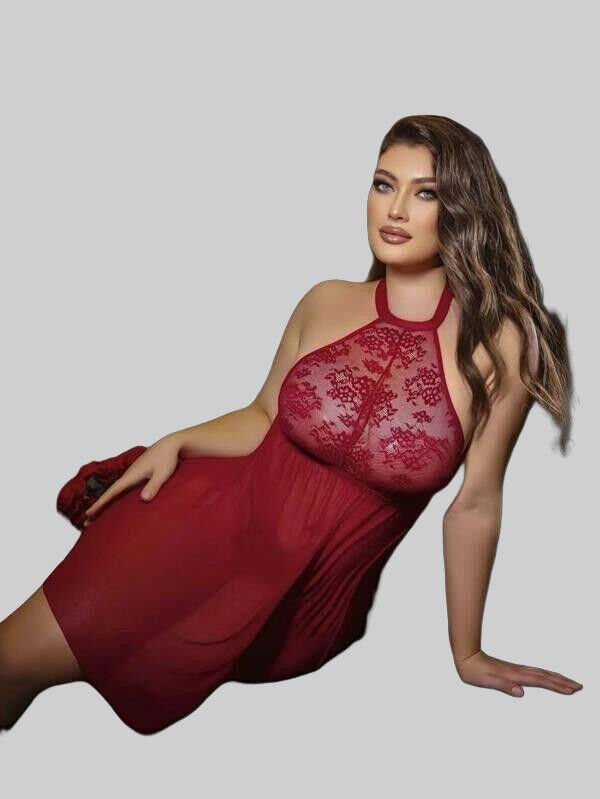 Bordo Dantel İşlemeli Göğüs Dekolteli Boyundan Bağlamalı Fantezi String Tül Gecelik Takımı