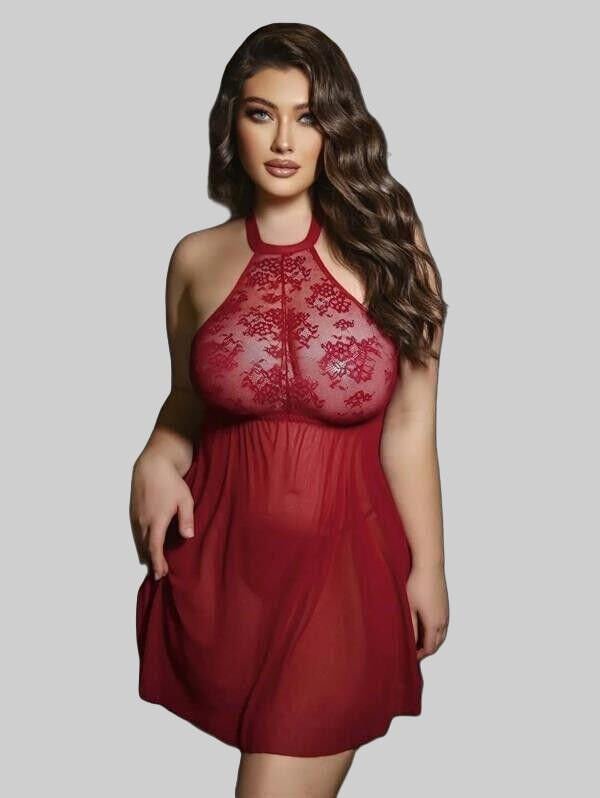 Bordo Dantel İşlemeli Göğüs Dekolteli Boyundan Bağlamalı Fantezi String Tül Gecelik Takımı