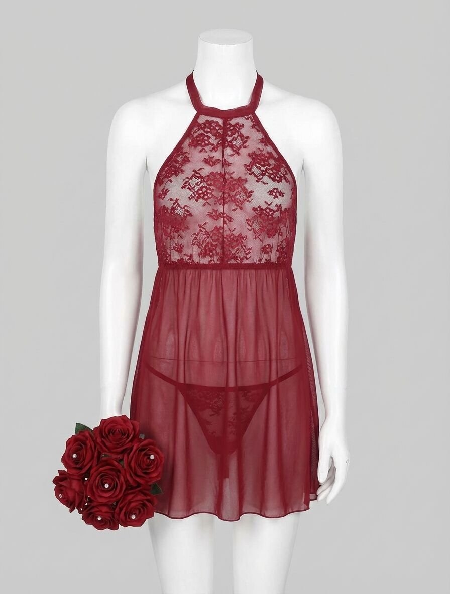 Bordo Dantel İşlemeli Göğüs Dekolteli Boyundan Bağlamalı Fantezi String Tül Gecelik Takımı