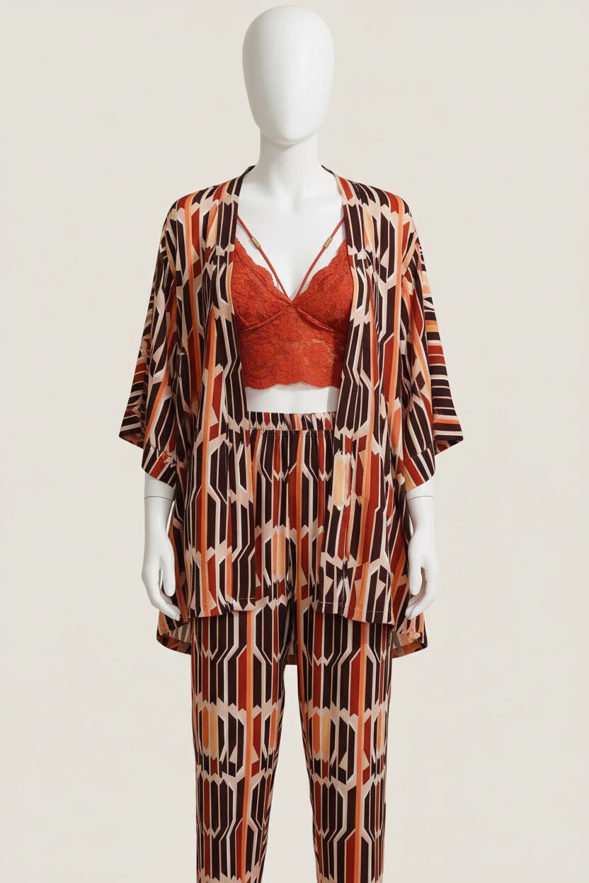 Arias Closet Dokuma Viskon Geometrik Baskılı Sabahlık Balensiz Desteksiz Dolgusuz Yaka Detaylı Dantelli Büstiyer Sütyen ve Pantolon Pijama 3'lü Takım