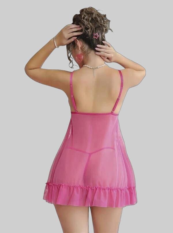 Fuşya Dantel İşlemeli Göğüs Dekolteli Fiyonklu Fantezi String Tül Gecelik Takımı