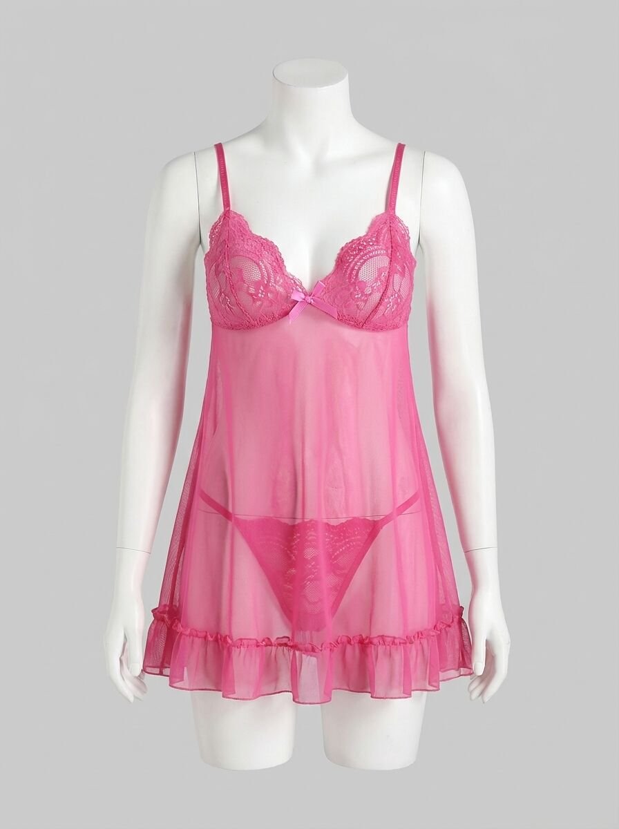 Fuşya Dantel İşlemeli Göğüs Dekolteli Fiyonklu Fantezi String Tül Gecelik Takımı