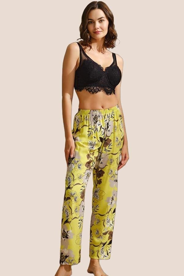 Arias Closet Dokuma Viskon Çiçek Baskılı Dantelli Sabahlık Balenli Desteksiz Dolgusuz Büstiyer Sütyen ve Pantolon Pijama 3'lü Takım
