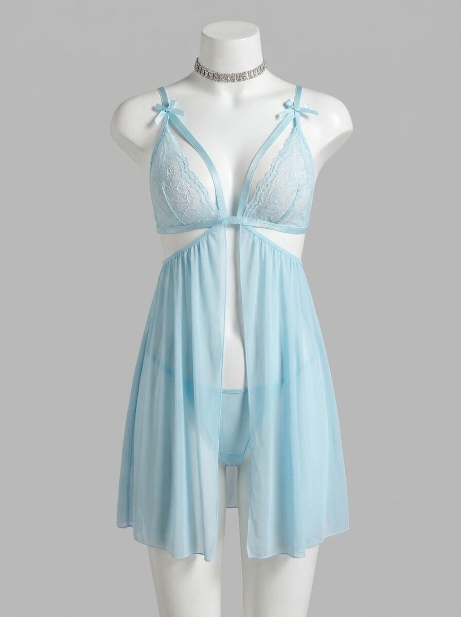 Açık Mavi Dantel İşlemeli Göğüs İp Detaylı Dekolteli Fantezi Tül Gecelik String Takımı