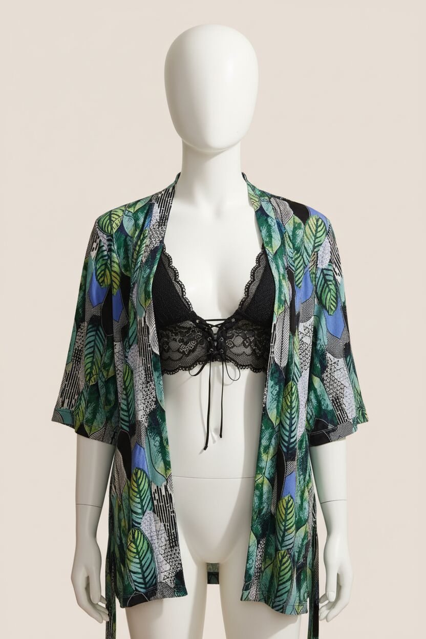 Arias Closet Viskon Yaprak Baskılı Sabahlık Balensiz Desteksiz Dolgusuz Dantelli Bralet Sütyen ve Pantolon Pijama 3'lü Takım