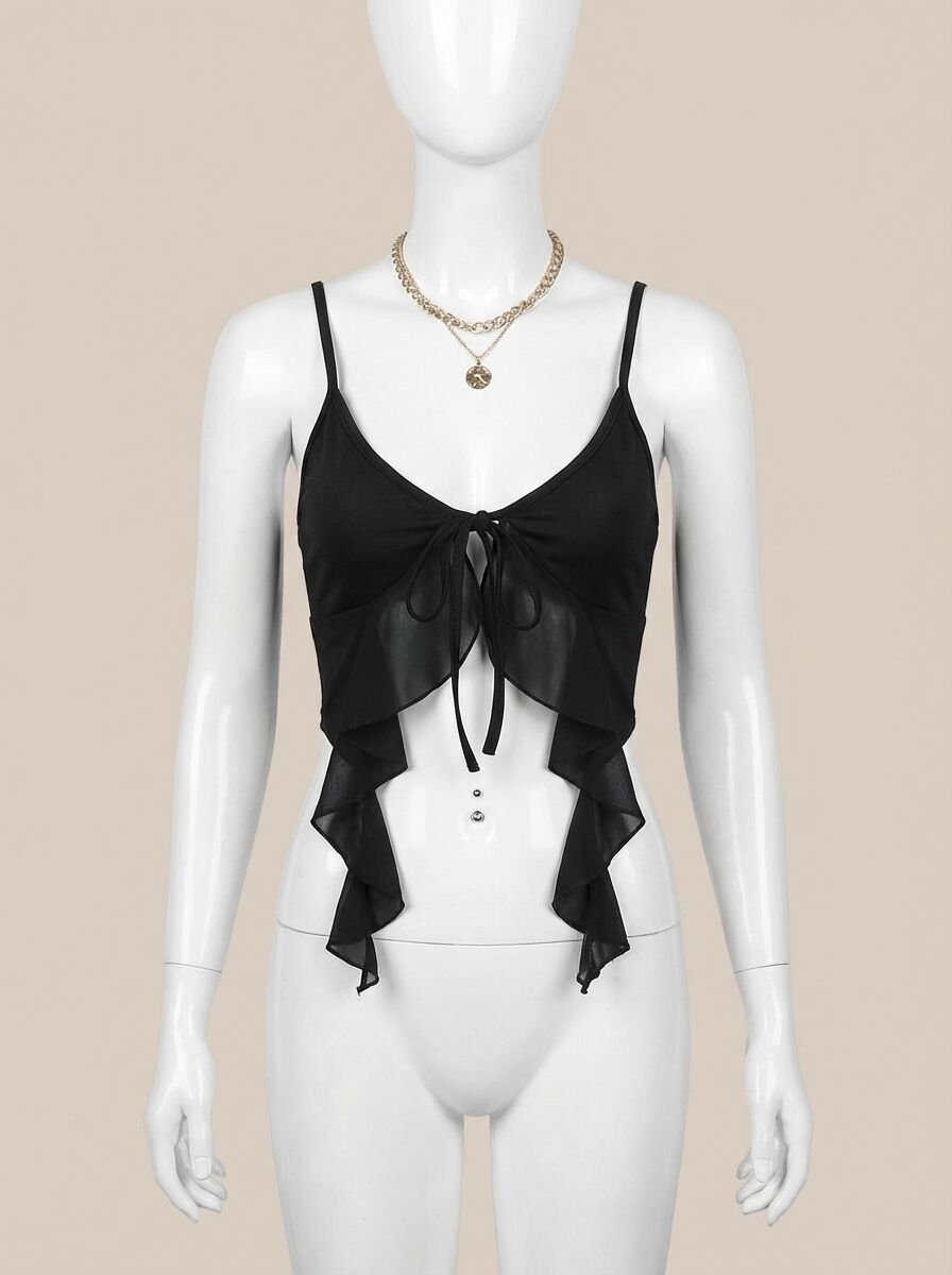 Siyah İnce Askılı Önden Bağlamalı Fırfır Detaylı Crop