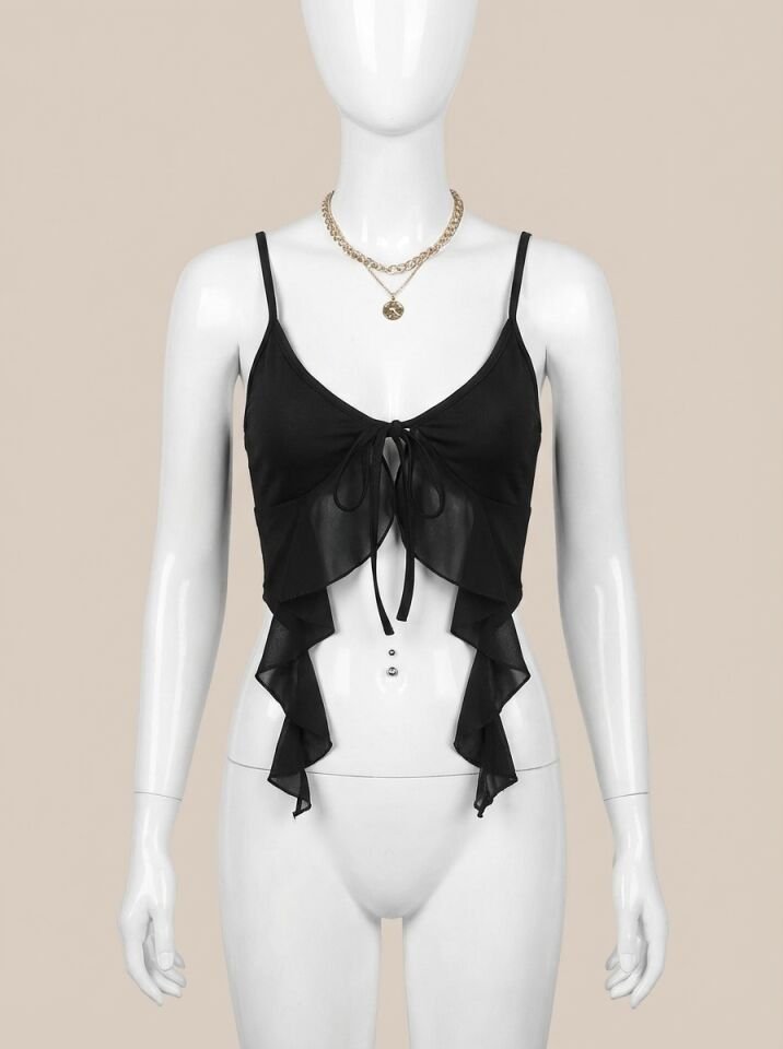 Siyah İnce Askılı Önden Bağlamalı Fırfır Detaylı Crop