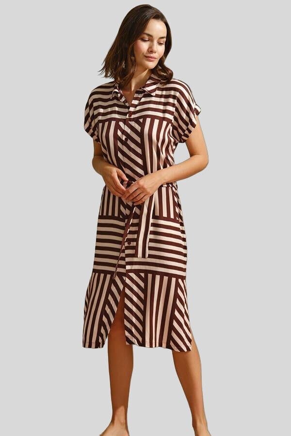 Günlük Kısa Kol V Yaka Kadın Viskon Çizgili Yazlık Uzun Elbise