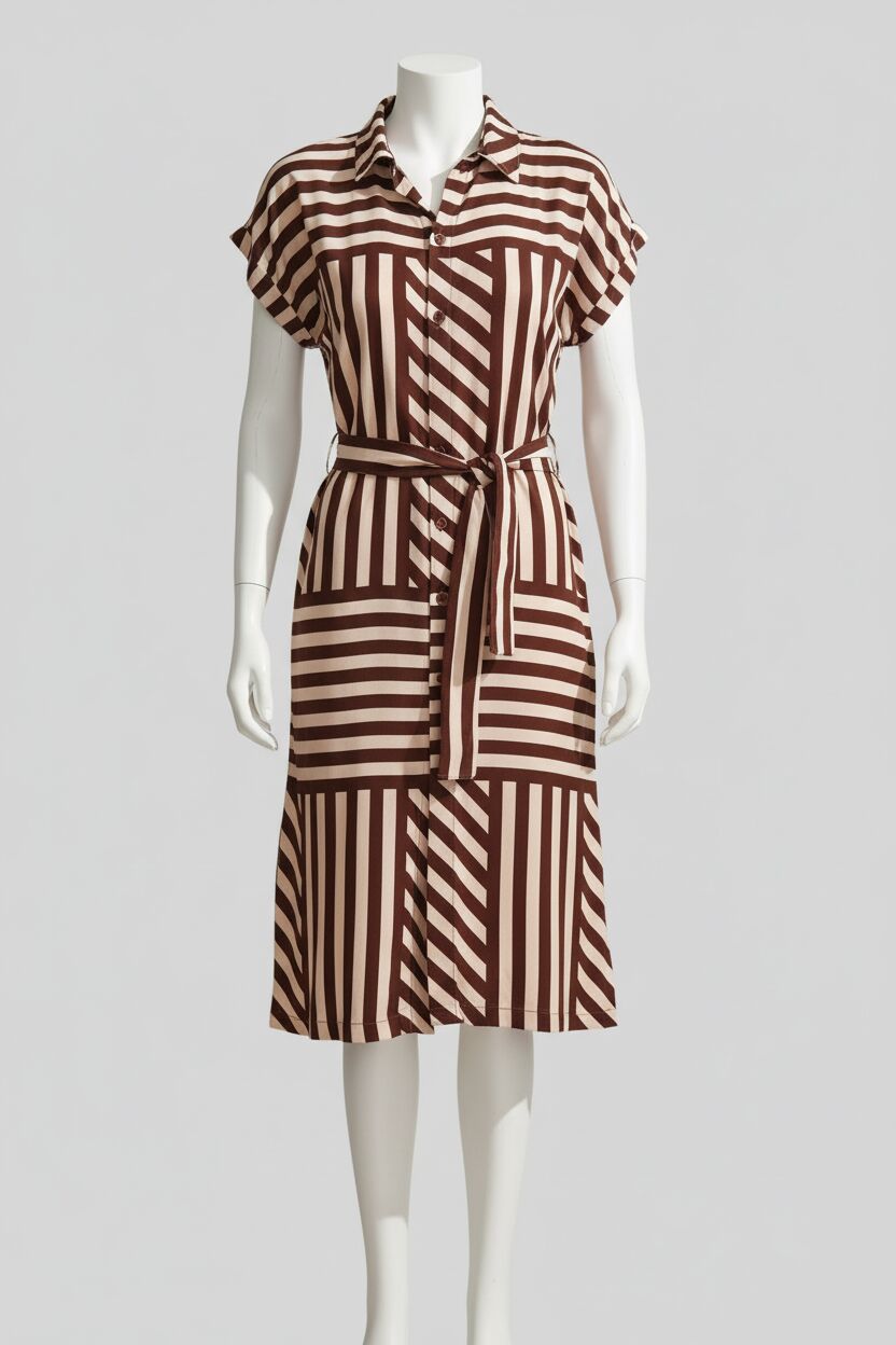 Günlük Kısa Kol V Yaka Kadın Viskon Çizgili Yazlık Uzun Elbise