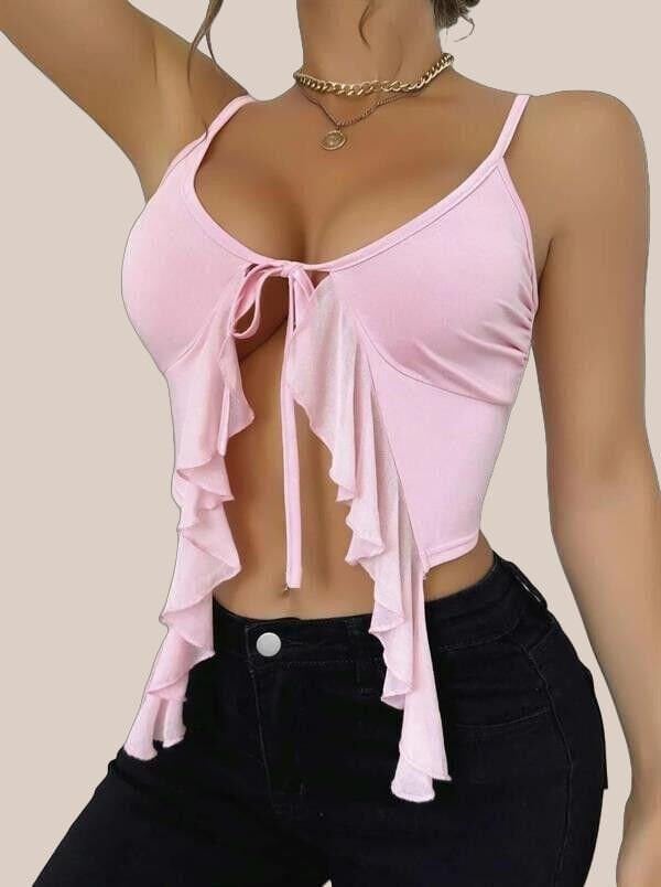 Arias Closet Pembe İnce Askılı Önden Bağlamalı Fırfır Detaylı Crop