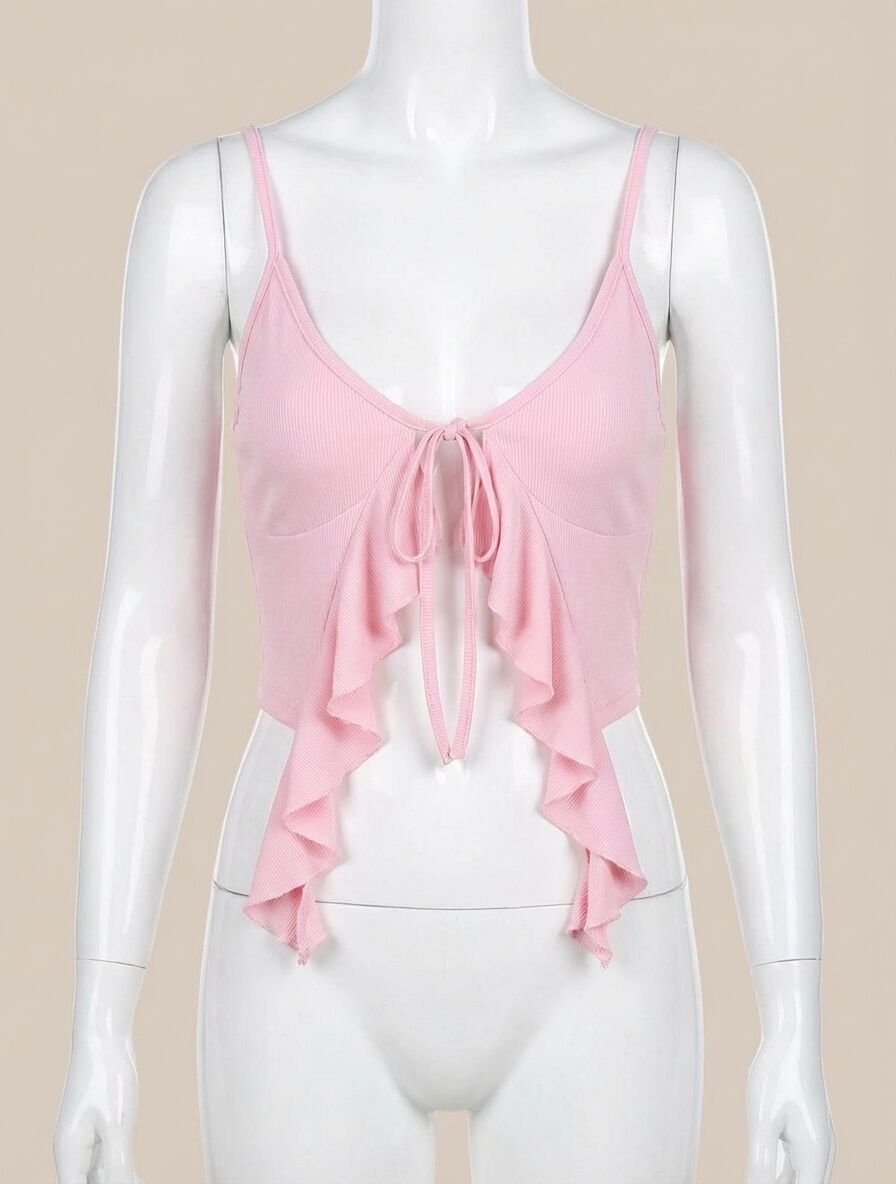 Pembe İnce Askılı Önden Bağlamalı Fırfır Detaylı Crop