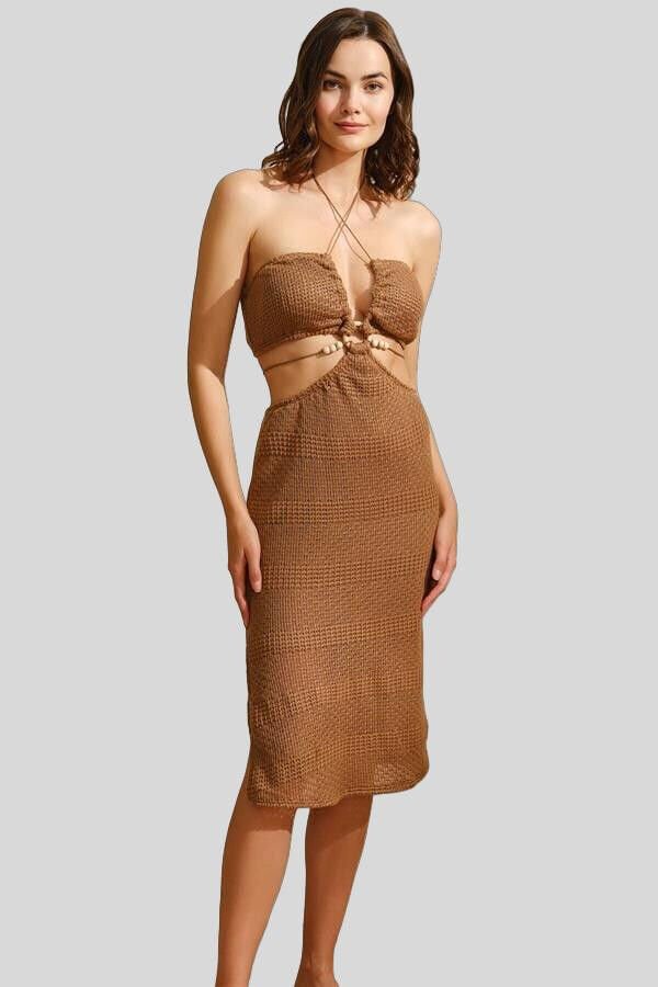 İp Askılı V Yaka Kadın Düz Yazlık Uzun Boncuk Detaylı Elbise