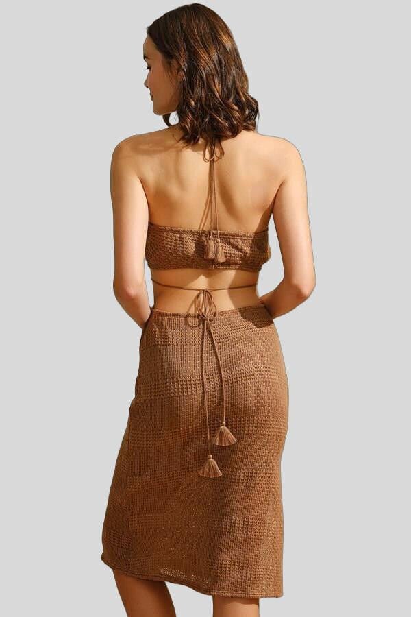 İp Askılı V Yaka Kadın Düz Yazlık Uzun Boncuk Detaylı Elbise