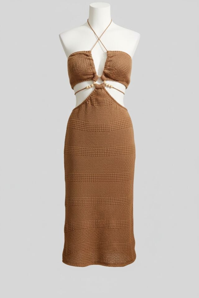 İp Askılı V Yaka Kadın Düz Yazlık Uzun Boncuk Detaylı Elbise