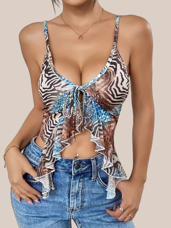 Arias Closet Leopar Desenli İnce Askılı Önden Bağlamalı Fırfır Detaylı Crop