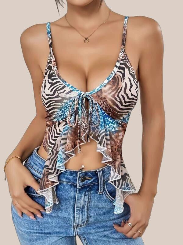 Leopar Desenli İnce Askılı Önden Bağlamalı Fırfır Detaylı Crop