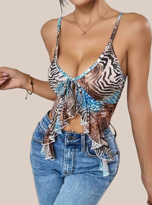 Leopar Desenli İnce Askılı Önden Bağlamalı Fırfır Detaylı Crop