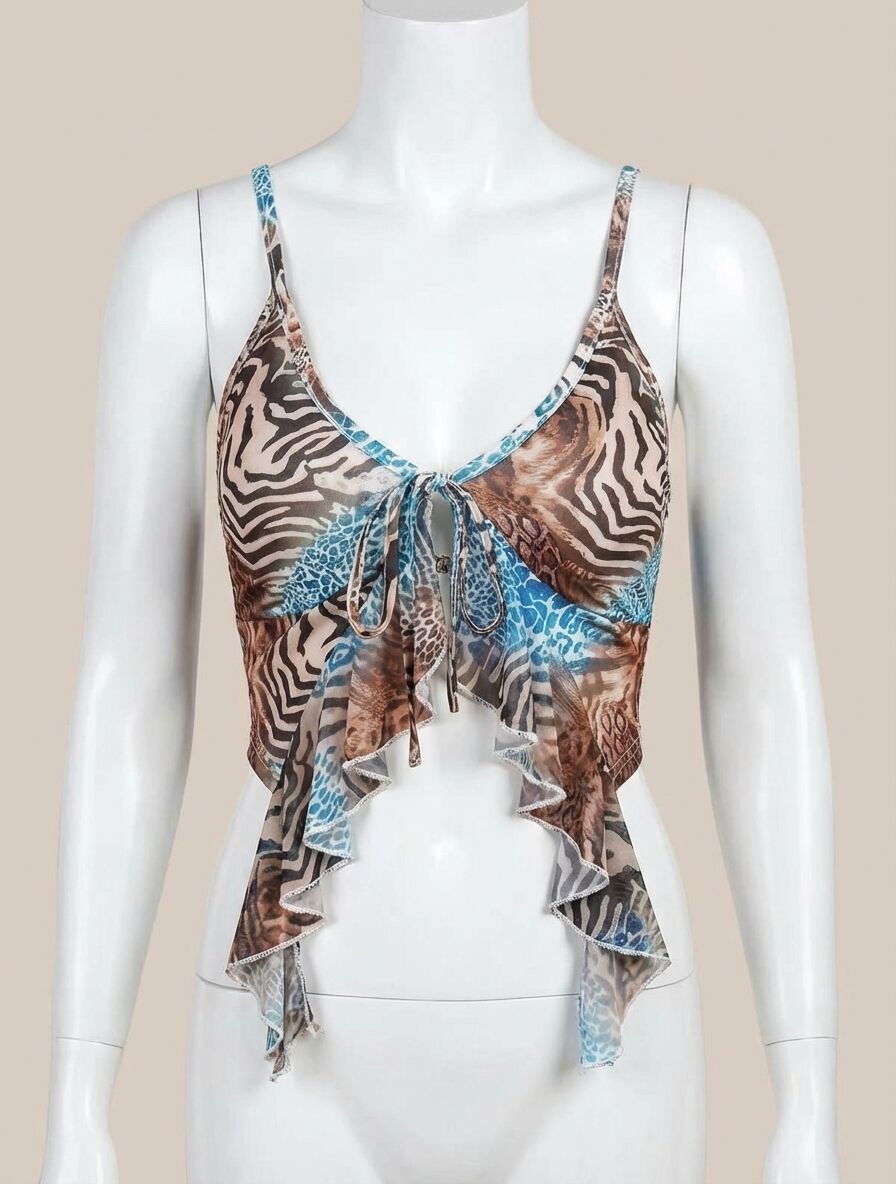 Leopar Desenli İnce Askılı Önden Bağlamalı Fırfır Detaylı Crop