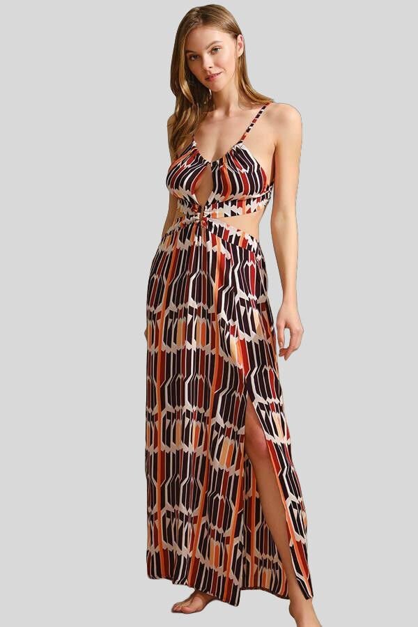 Boyundan Bağlamalı V Yaka Kadın Viskon Geometrik Yazlık İp Detaylı Elbise