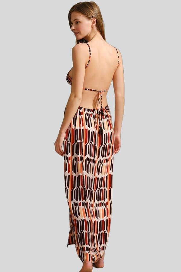 Boyundan Bağlamalı V Yaka Kadın Viskon Geometrik Yazlık İp Detaylı Elbise