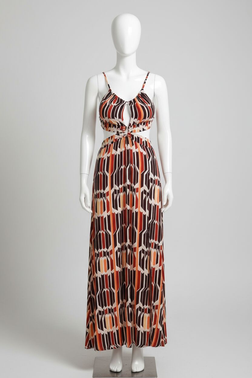 Boyundan Bağlamalı V Yaka Kadın Viskon Geometrik Yazlık İp Detaylı Elbise