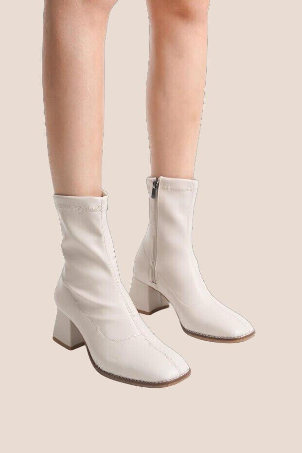 Streç Bilekli Fermuarlı Küt Kalıp Topuklu Bej Deri Kadın Bot