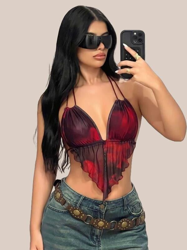 Arias Closet Kırmızı Siyah Desenli İnce Askılı Üçgen Kesim Crop