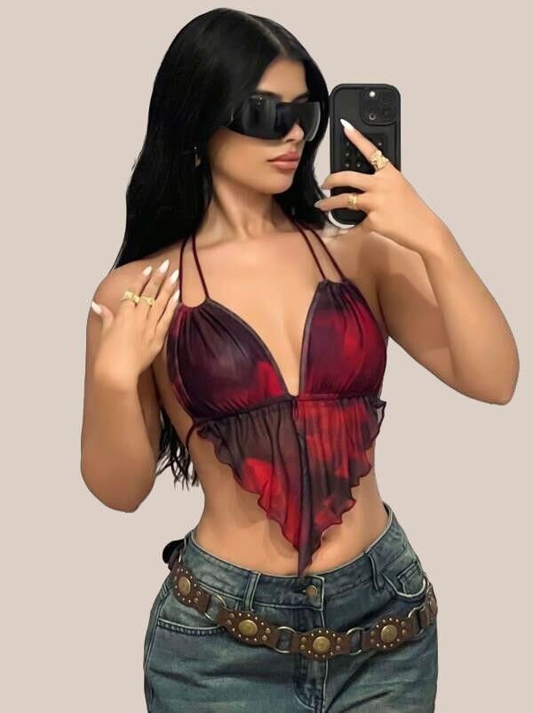 Kırmızı Siyah Desenli İnce Askılı Üçgen Kesim Crop