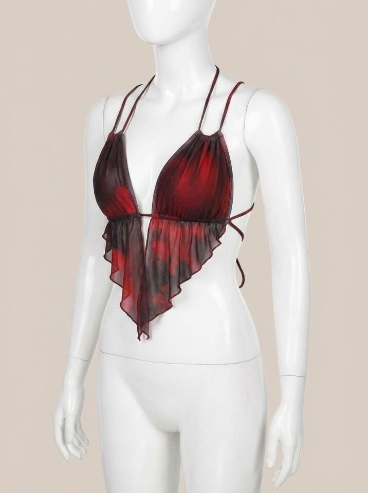 Kırmızı Siyah Desenli İnce Askılı Üçgen Kesim Crop