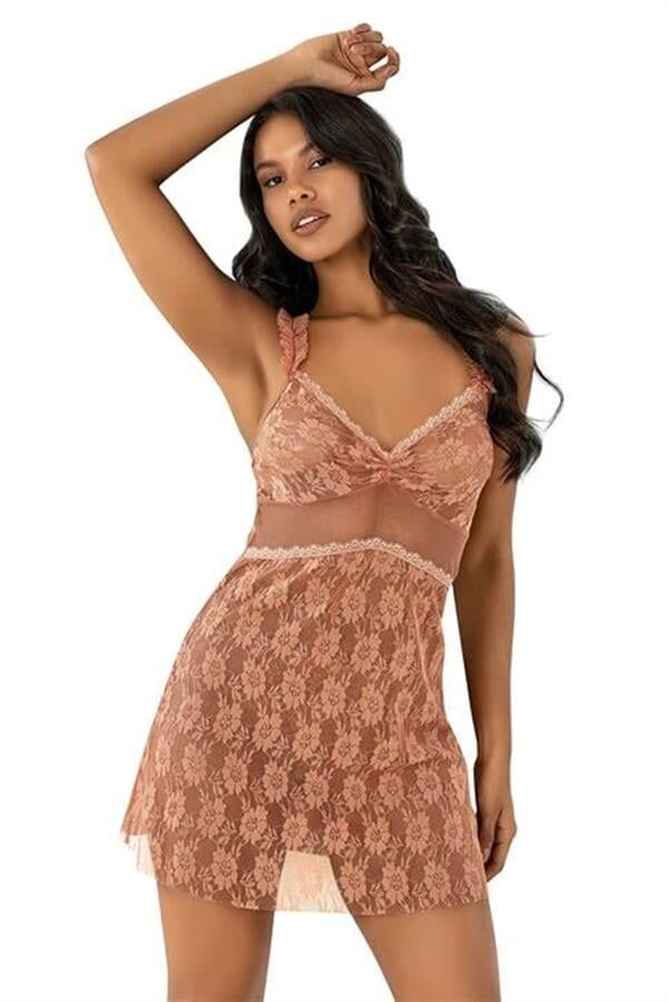 Arias Closet Dantel İşlemeli Bakır Kısa Tül Gecelik