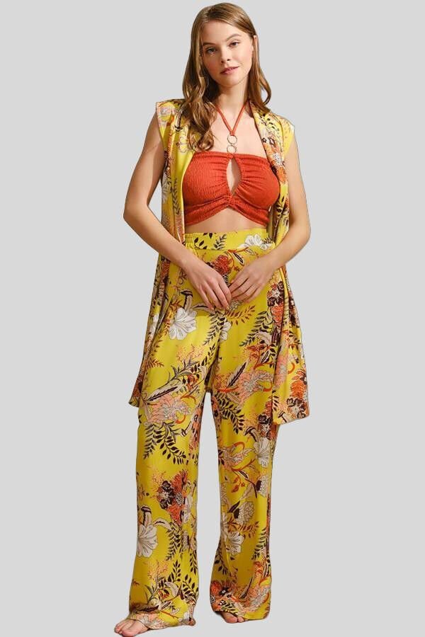 Boyundan Bağlamalı V Yaka Kadın Çiçek Desenli Yazlık Boncuk Detaylı Pijama Takımı Sabahlık